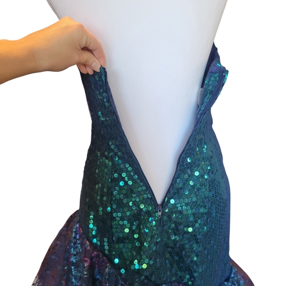 Vintage 80s Loralie Original Green Blue Teal Sequin Mesh Strapless Mermaid Dress - Picture 8 of 10